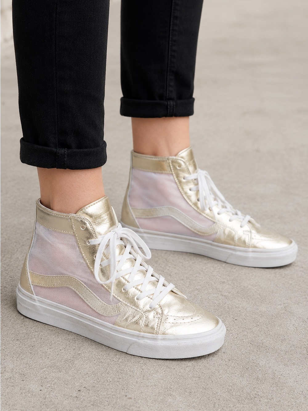 Rare Vans Sk8-Hi Slim Metallic Gold Mesh Sneakers Women’s 7.5